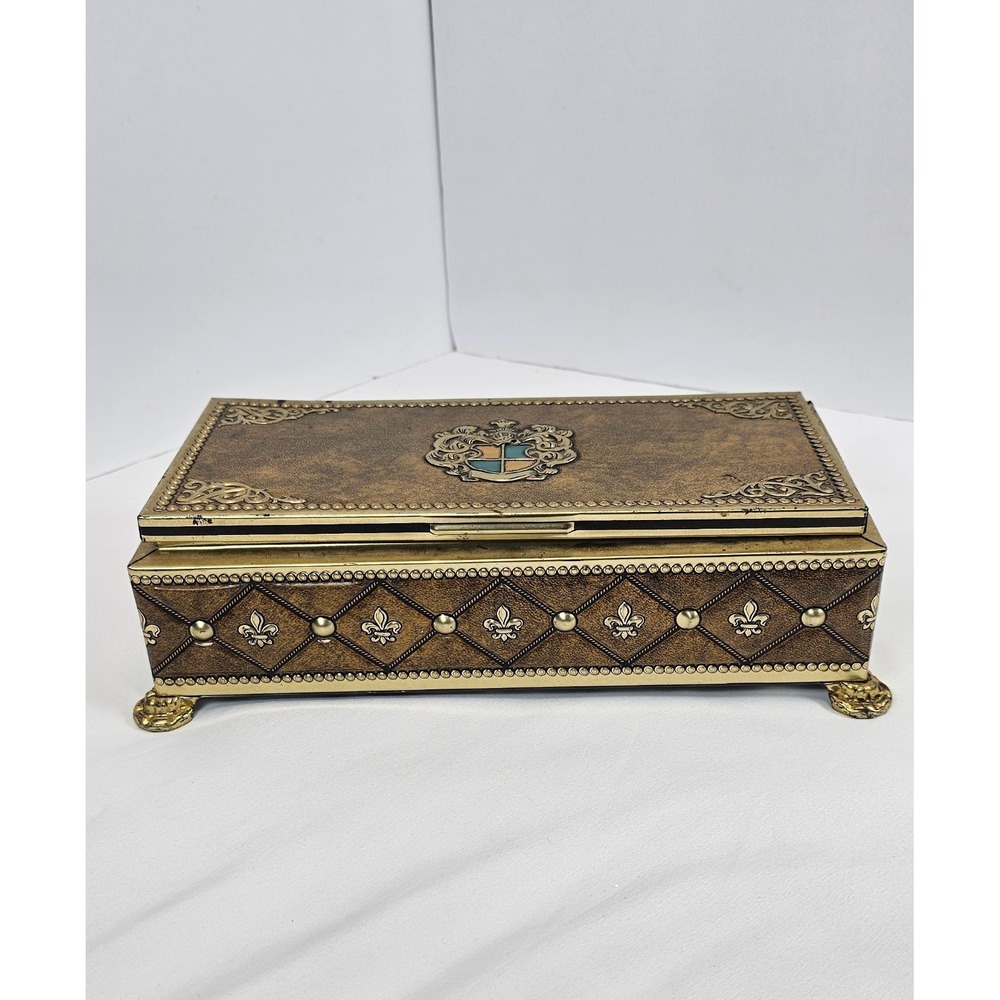 VTG Hollywood Regency Embossed Tin Chest Coat Of Arms Trinket Box West Germany